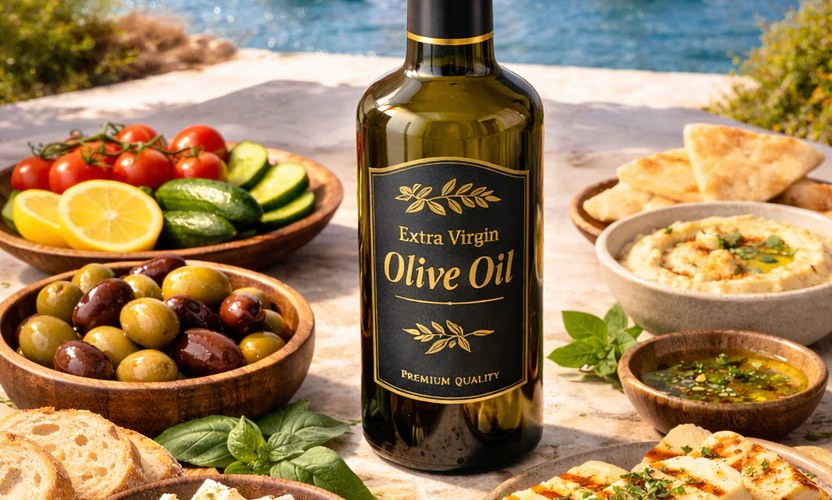 Close up of olive oil jar on a cutting board